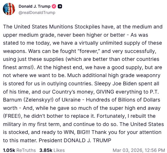 快新聞/美國開戰伊朗ING!川普談最高階武器儲備:未達理想水準