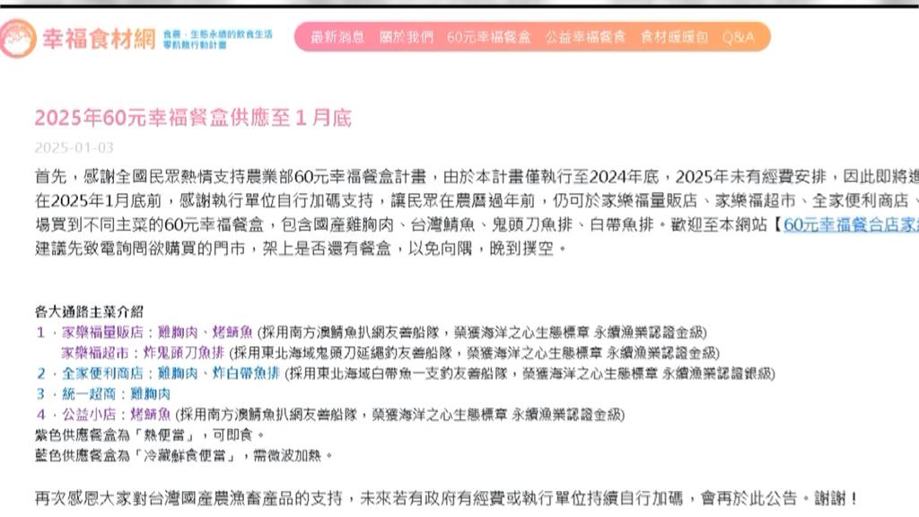 小確幸要沒了！　農業部60元「幸福餐盒」只供應到1月底