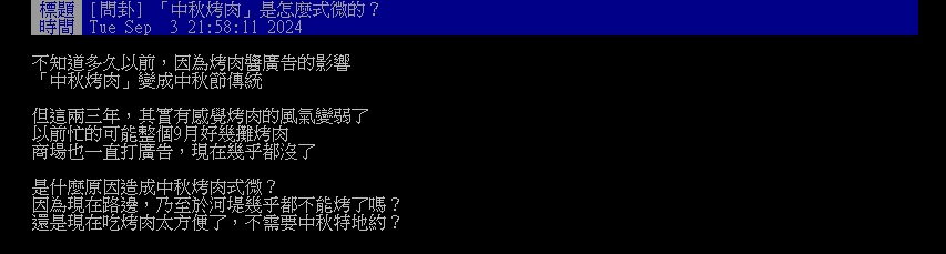 他觀察近年情況問卦「中秋烤肉不再夯」？內行人揭「3主因」：回不去了