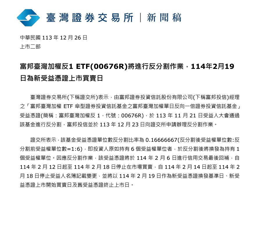 淨值只剩2.04！富邦台灣加權反1啟動反分割