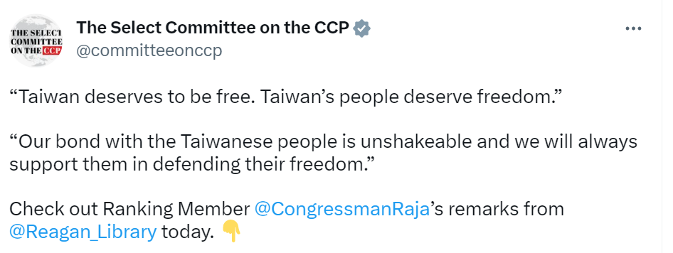 盛讚台灣面對威權擴張像是「明亮蠟燭」 　美眾院中國委員會不害怕挺台：會以行動支持