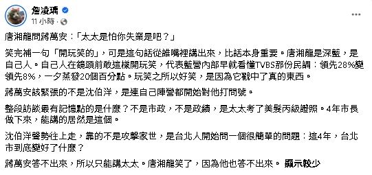 蔣萬安遭唐湘龍吐嘈「太太是怕你失業」？她酸爆：連自己陣營都開始對他打問號