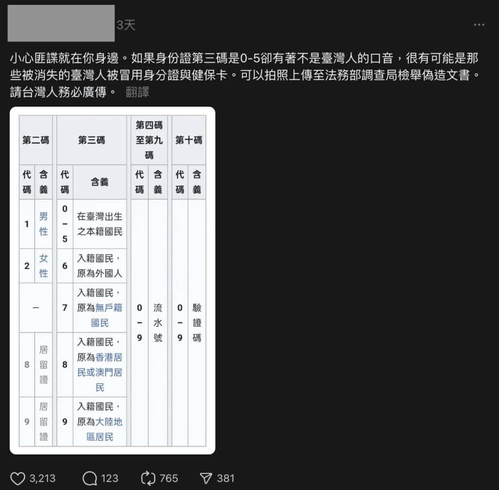 「身份證數字+口音」能抓匪諜?事實查核中心「曬1圖」打臉:無法從口音判斷