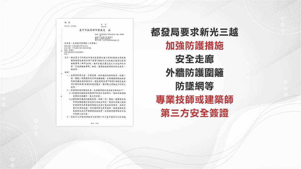 台中新光三越未提加強防護措施? 都發局2次發函警告