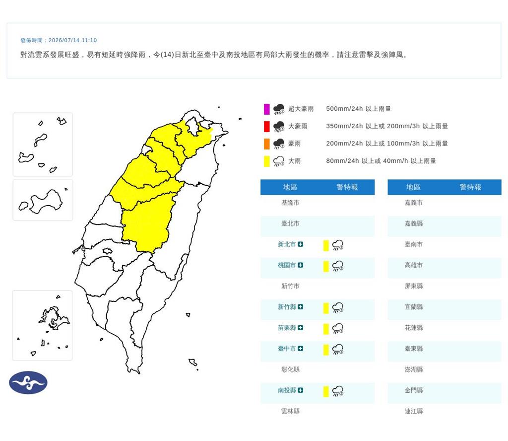 快新聞／快躲雨！6縣市大雨特報　一路下到晚上