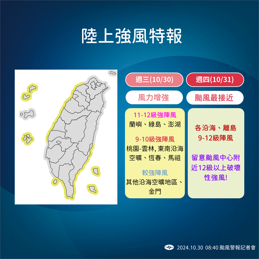 快新聞／康芮快速「轉為強颱」　今晚起陸警「致涵蓋台灣本島」