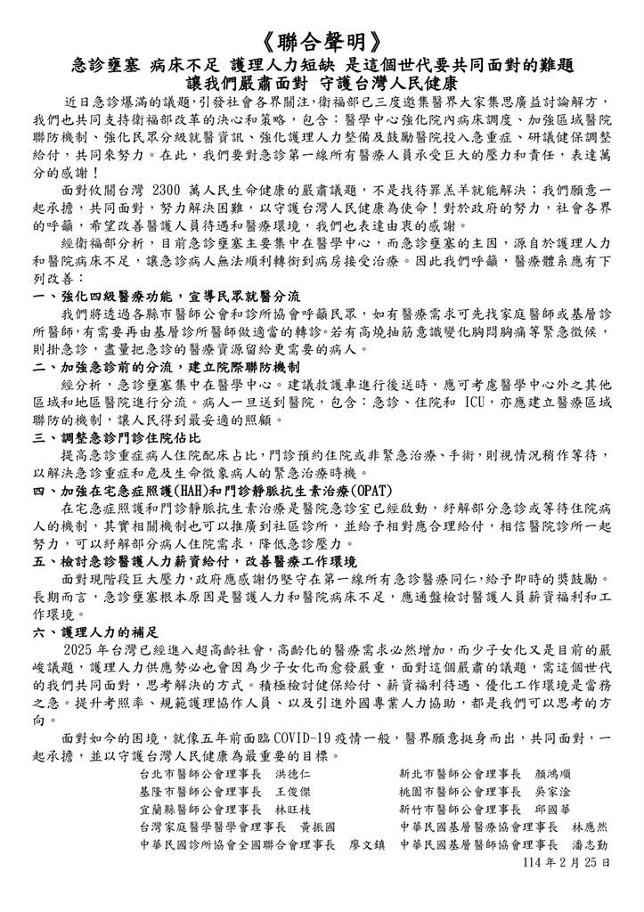 快新聞/全台急診大壅塞! 10名醫師協會理事長今發聯合聲明籲6大改善措施