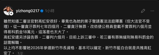 高虹安「貪污罪被撤」2026新竹選定了?他曝「藍白1布局」基本確定