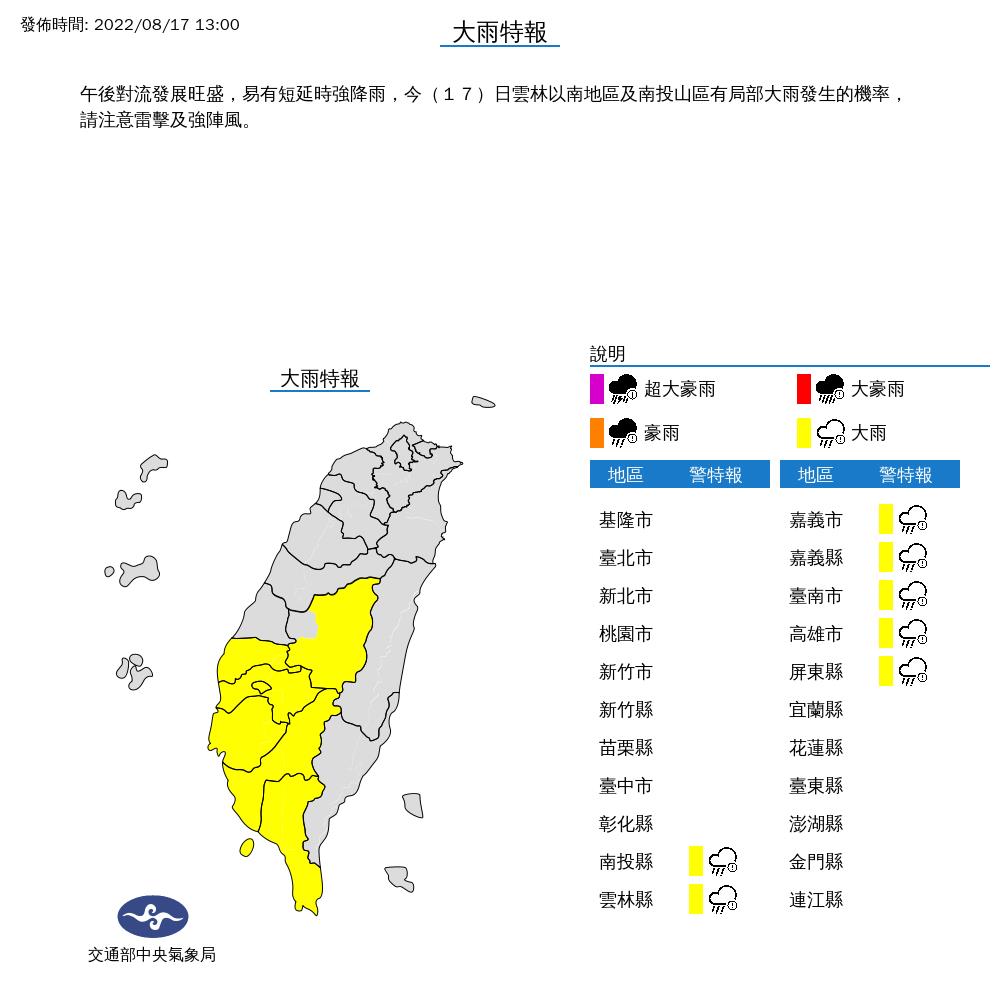 快新聞／午後對流旺盛！ 中南部7縣市大雨特報　防雷擊與強陣風