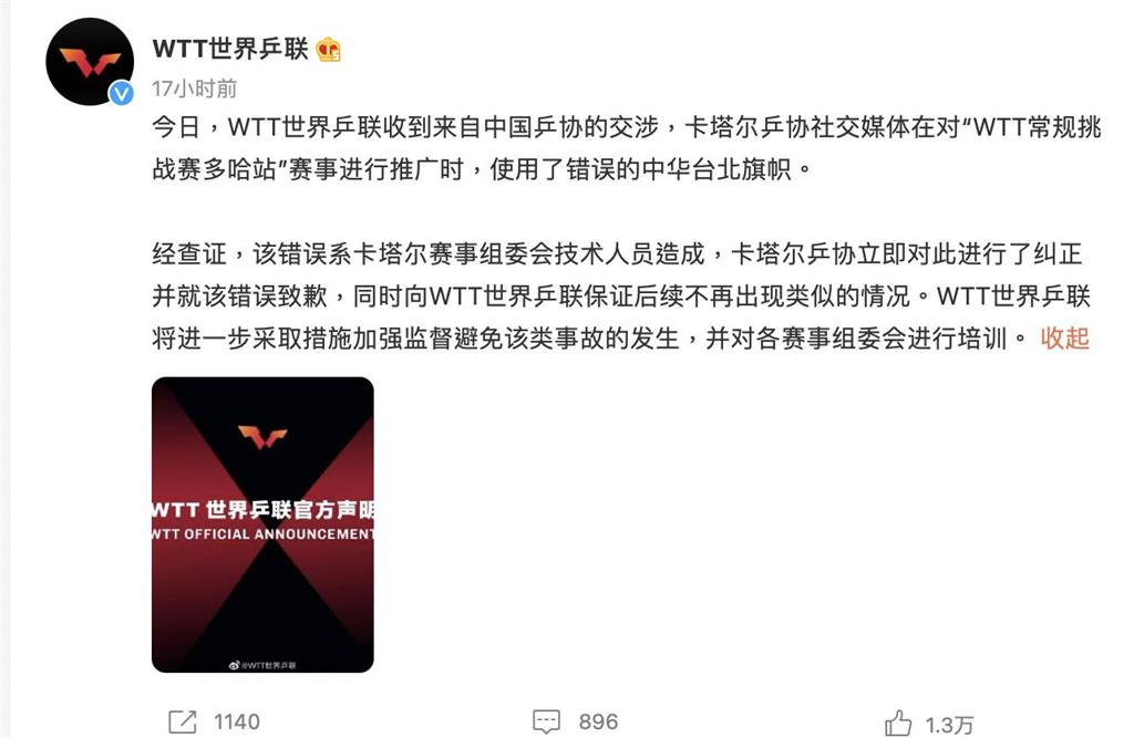 快新聞／林昀儒、鄭怡靜奪冠讓卡達秀出我國旗　中國又來抗議WTT急道歉