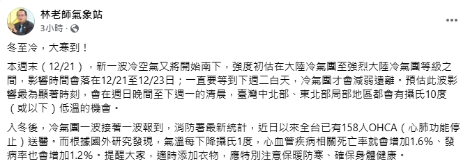冬至大寒到!連凍3天「2地區」探10度↓ 粉專警「這1事」需特別留意