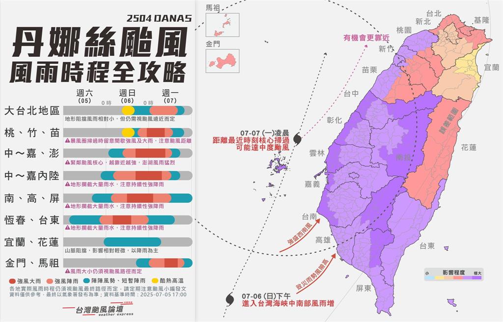 丹娜絲將達「輕颱上限」!氣象粉專曝「風雨時程全攻略」警示3地:做好最壞準備