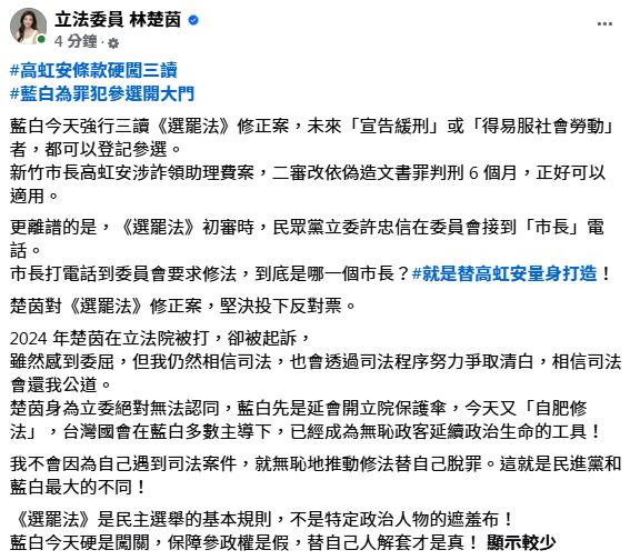 快新聞／人多欺人少！藍白強行通過「高虹安條款」　綠營女將曝「市長」曾致電施壓