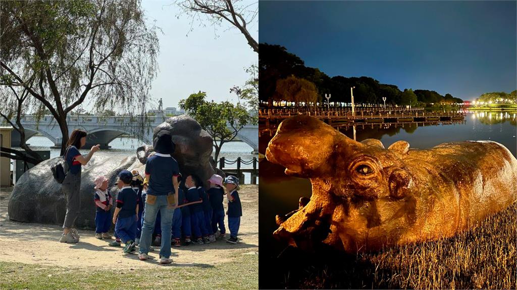 台版「博物館驚魂夜」？奇美河馬雕像半夜「游回湖裡」真相曝光網喊法老顯靈
