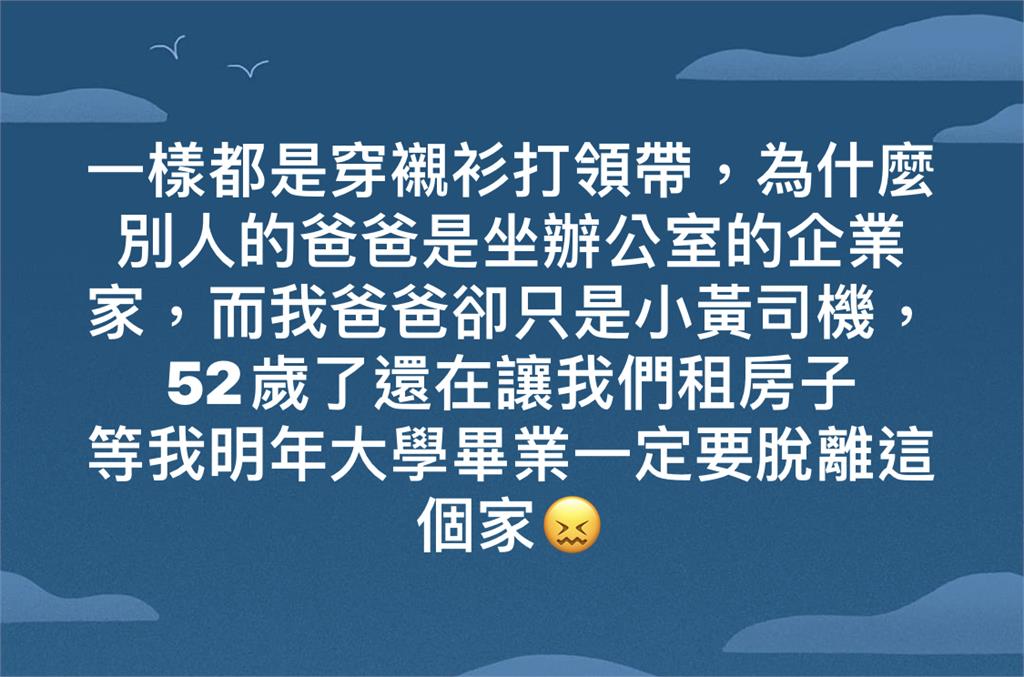 嫌爸是小黃司機「52歲還在租房」 男大生PO文被罵「毋成囝」不成才