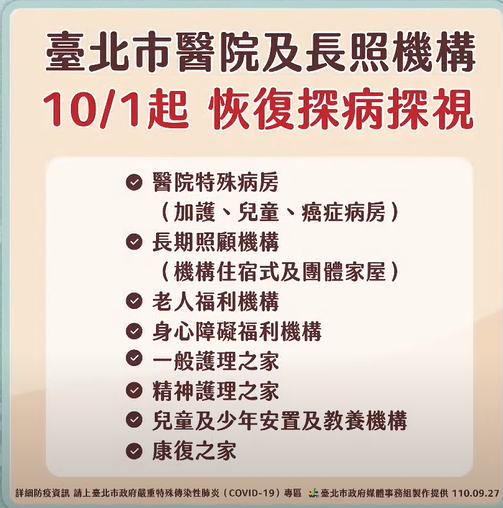 快新聞／北市長照機構10/1開放探親　醫院開放特殊病房探視