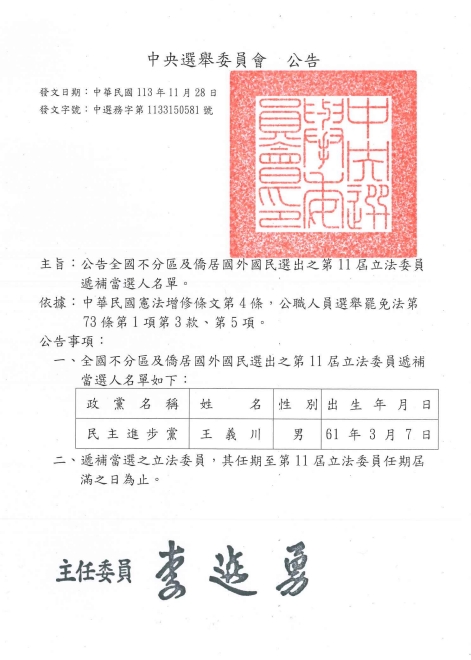快新聞/洪申翰接勞長「王義川遞補不分區」 中選會公告了