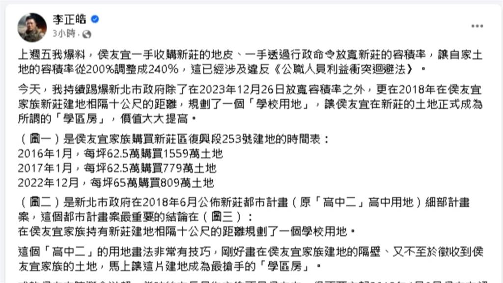 賴辦轟又昱成逃稅藏錢金庫 李正皓再爆料:新莊獵地旁規劃學校
