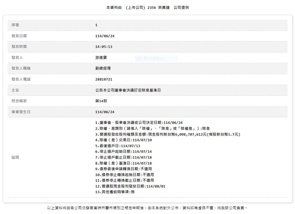 英業達公告配息1.7元 7/18除息基準日