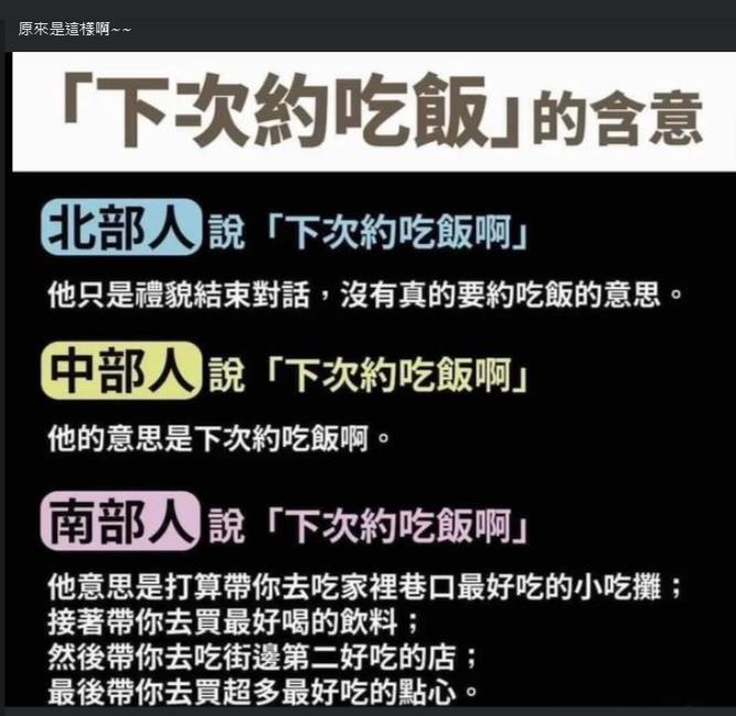 「下次約吃飯」什麼意思?台灣3區域解釋「南部人崩潰」:永遠等不到