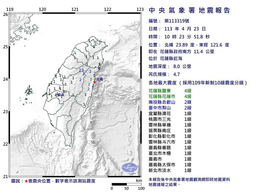 快新聞／震不停！10時21分規模5.4地震　最大震度花蓮鹽寮5弱