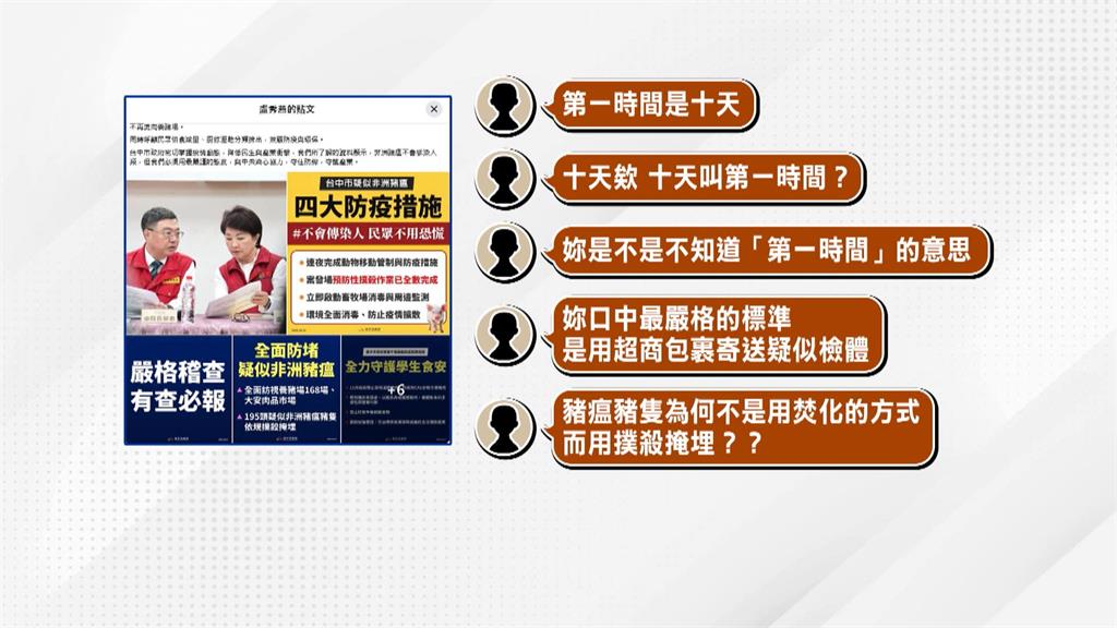 首談豬瘟疫情! 盧秀燕稱第一時間送驗 網轟:第一時間是10天後?