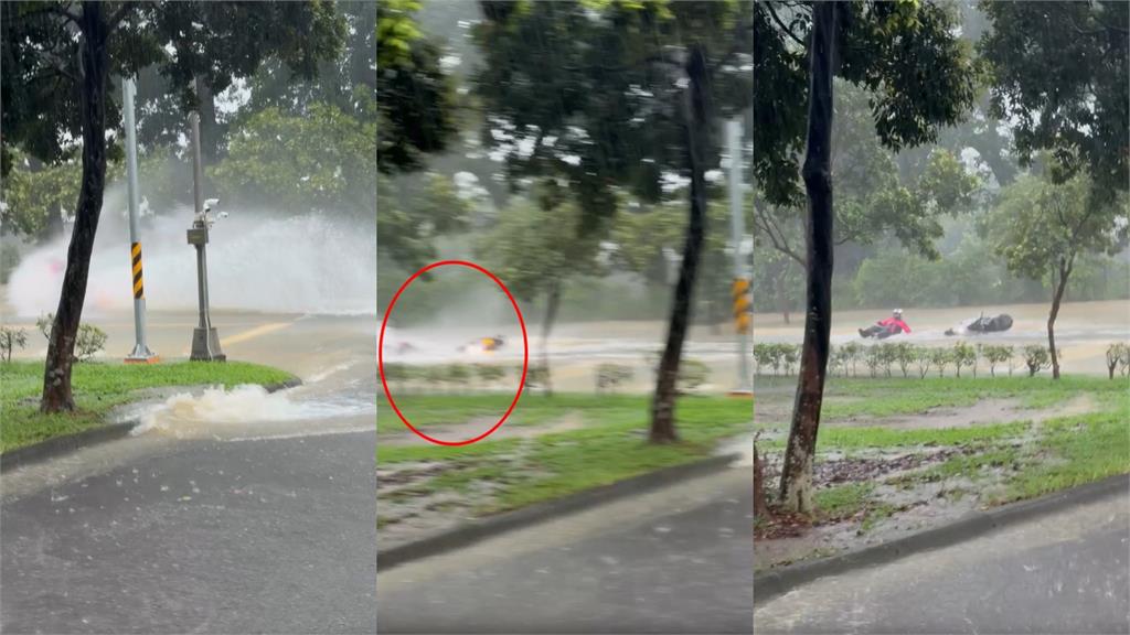 雨彈狂炸屏科「馬路慘變黃河」！騎士打滑「連人帶車摔飛」3秒驚險畫面曝光