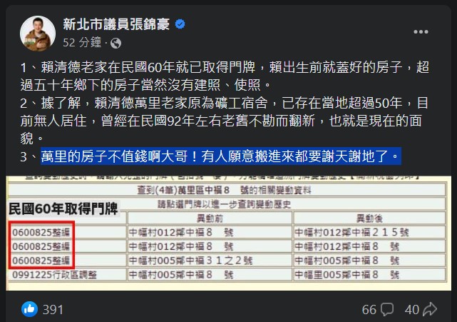 快新聞／賴清德捲違建爭議　綠議員：「有人願意搬進來都要謝天謝地了」