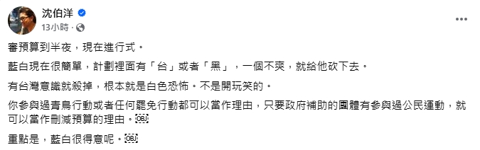 有台灣意識就殺掉?沈伯洋轟藍白「一個不爽就砍預算」:根本白色恐怖