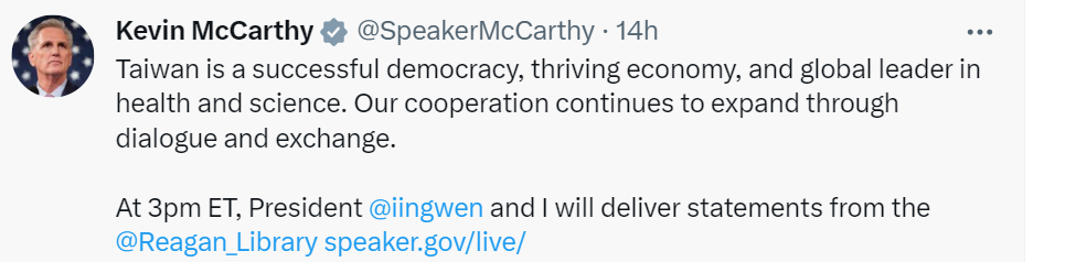 麥卡錫「1小時1篇推文」狂讚台灣　肯定「台灣總統蔡英文」：民主自由發展成功