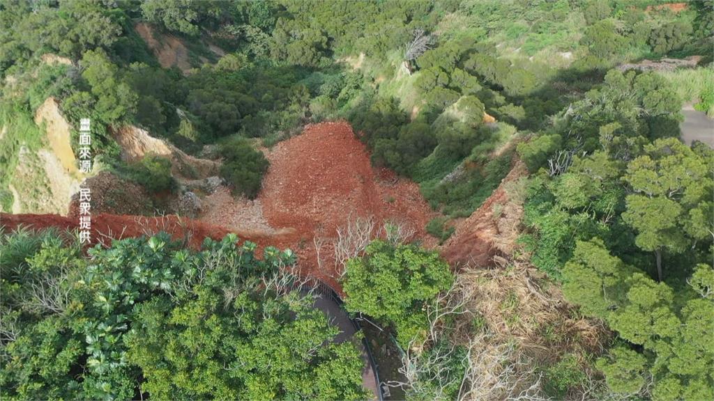 大雨沖刷「大甲鐵砧山山壁坍方」 梁柱地基被掏空!觀景台如臨深淵