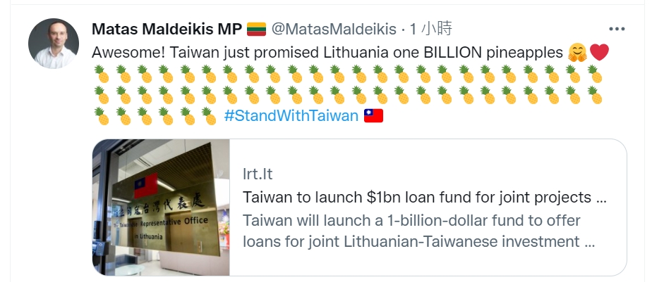 快新聞／台灣加碼10億美元投資立陶宛！　友台議員「刷一排鳳梨」樂喊：太讚了