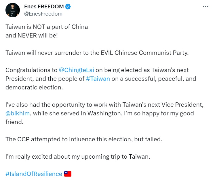 「台灣不是中國的一部分」　最挺台灣的運動員、前NBA球星坎特賀賴清德當選