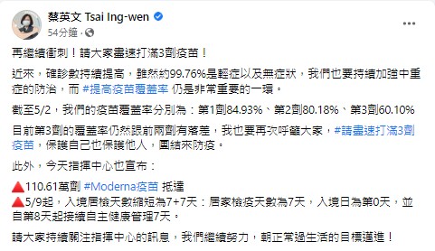 快新聞/本土單日飆破2萬例! 蔡英文籲「盡速打滿三劑」:朝正常過生活邁進