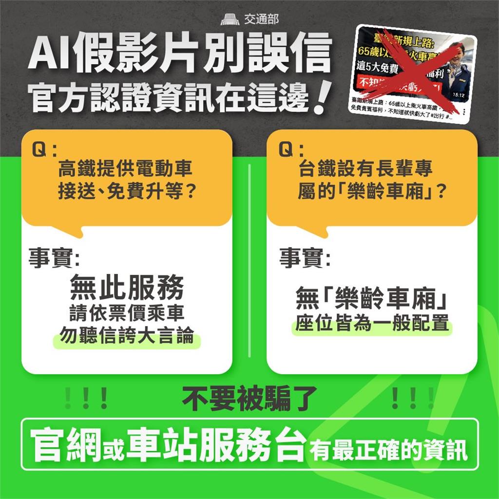 AI假影片亂發雙鐵訊息！　交通部點名YT樂齡指南