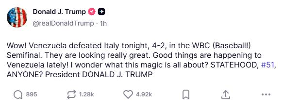 經典賽／WBC決賽將上演「美委大戰」！川普未演先開嗆：要不要成為第51州？