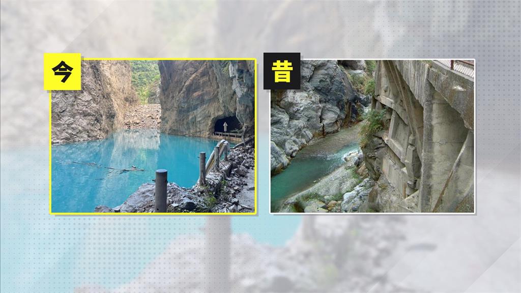 立霧溪堰塞湖溢流隧道 淹過橋面大水傾瀉如小瀑布