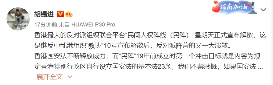 快新聞／香港「民陣」宣布解散　《環時》胡錫進嗆：借西方反中亂港的時代結束了