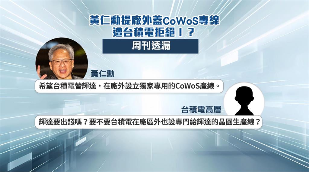 黃仁勳固樁之旅! 傳提輝達廠外蓋「CoWoS專線」 遭台積電拒絕