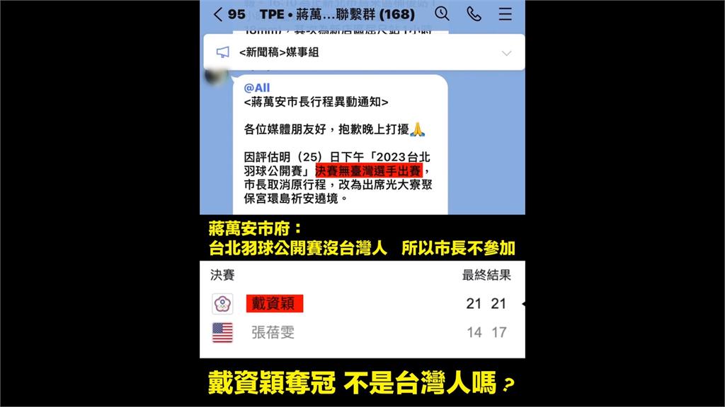缺席台北羽賽稱「沒台灣選手出賽」 議員怒批蔣萬安「丟臉丟到全世界」
