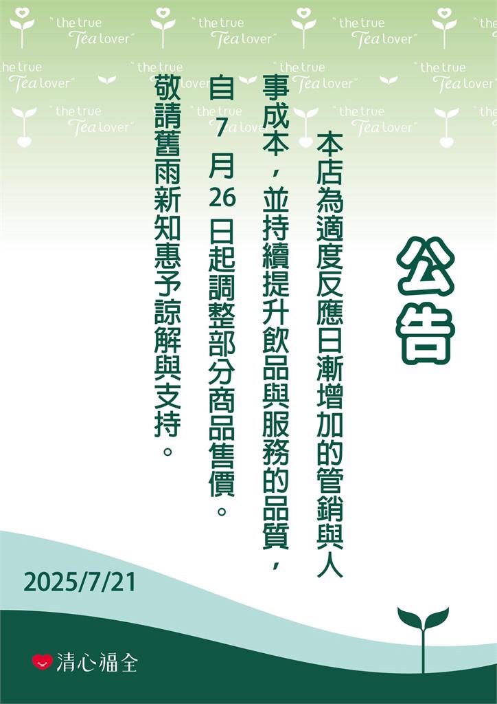不只可不可和龜記漲！清心福全宣布明要漲價了