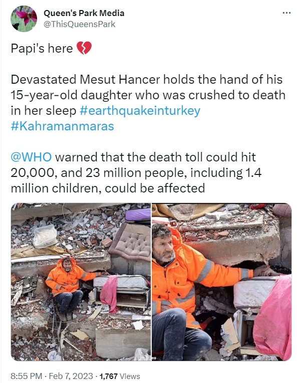 土耳其強震15歲愛女被磚瓦活埋　「爸爸悲傷緊握小手」心碎畫面曝