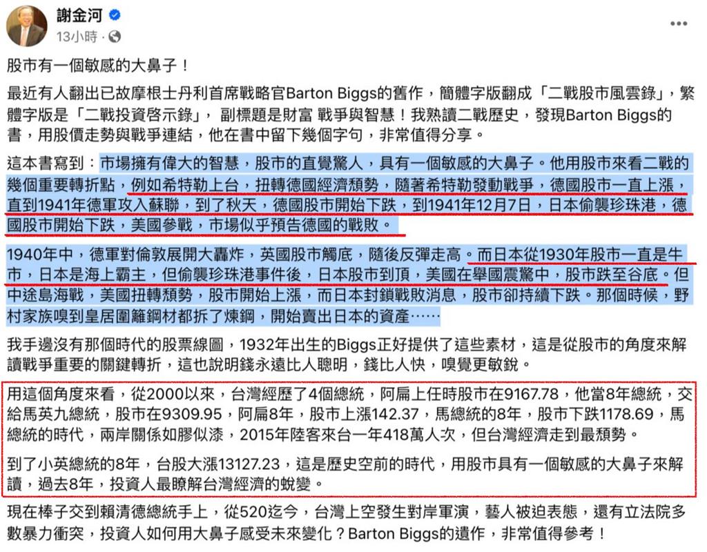 中共圍台軍演「兩岸開戰」先行指標曝?謝金河搬「二戰股市走勢」可見端倪