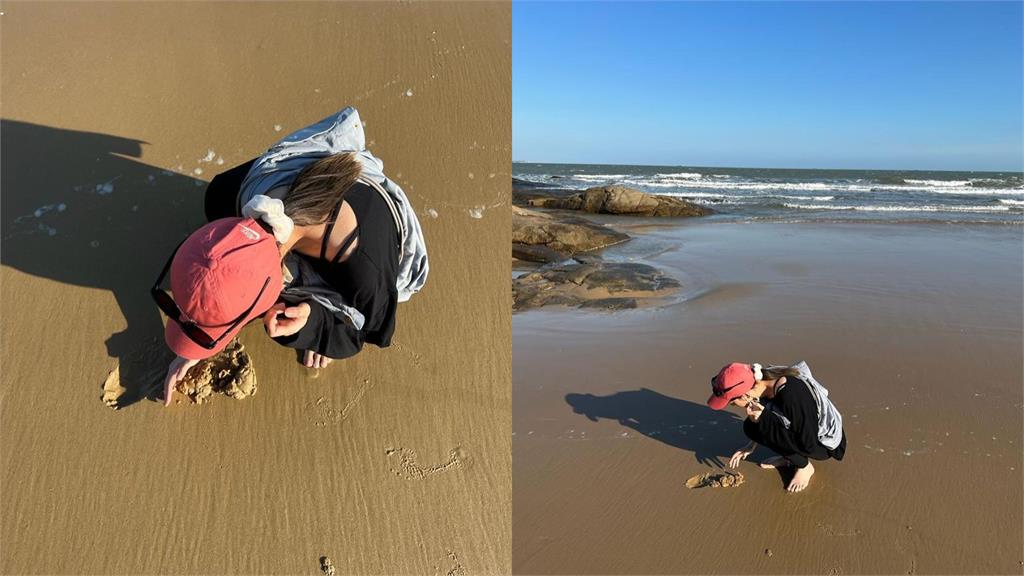 海邊「紅帽姐姐」赤腳挖螃蟹！走近一看竟是郭雪芙…反差模樣萌翻2萬網：凍未條