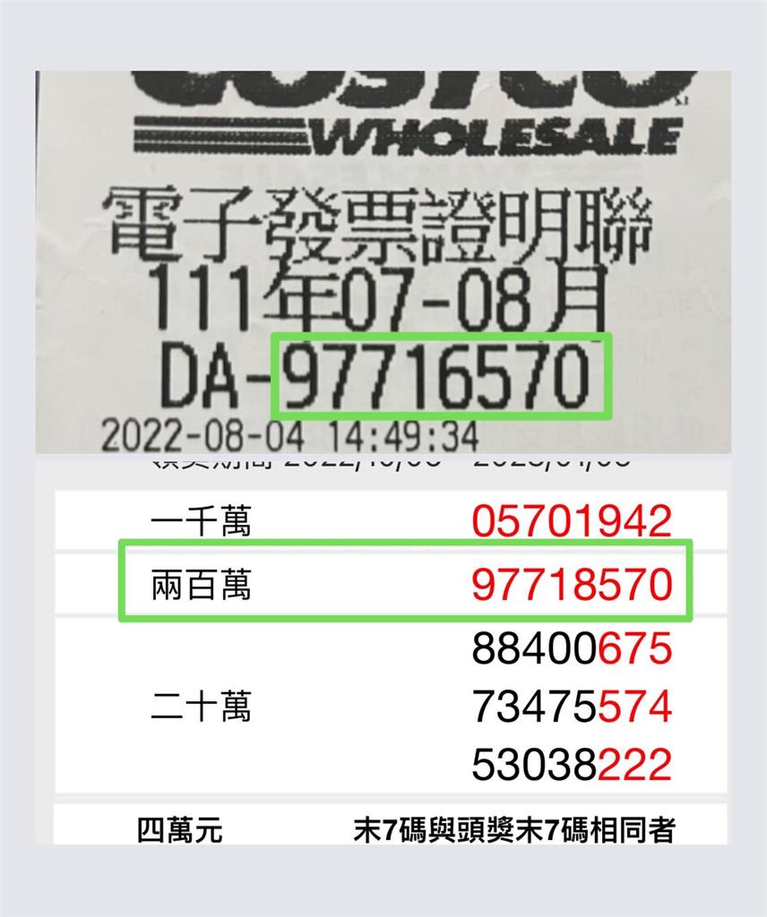 發票「差1碼」對中200萬！她公布消費時間、地點：卡友對了沒？