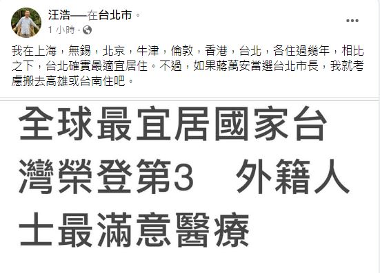 台灣列全球最宜居國家第3　住過7城市的他認證：但若蔣萬安當選考慮搬到台南高雄